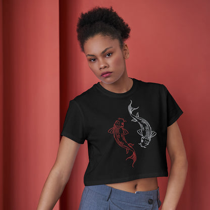 Koi Fish Cotton Round Neck Half Sleeve Crop Top | Women