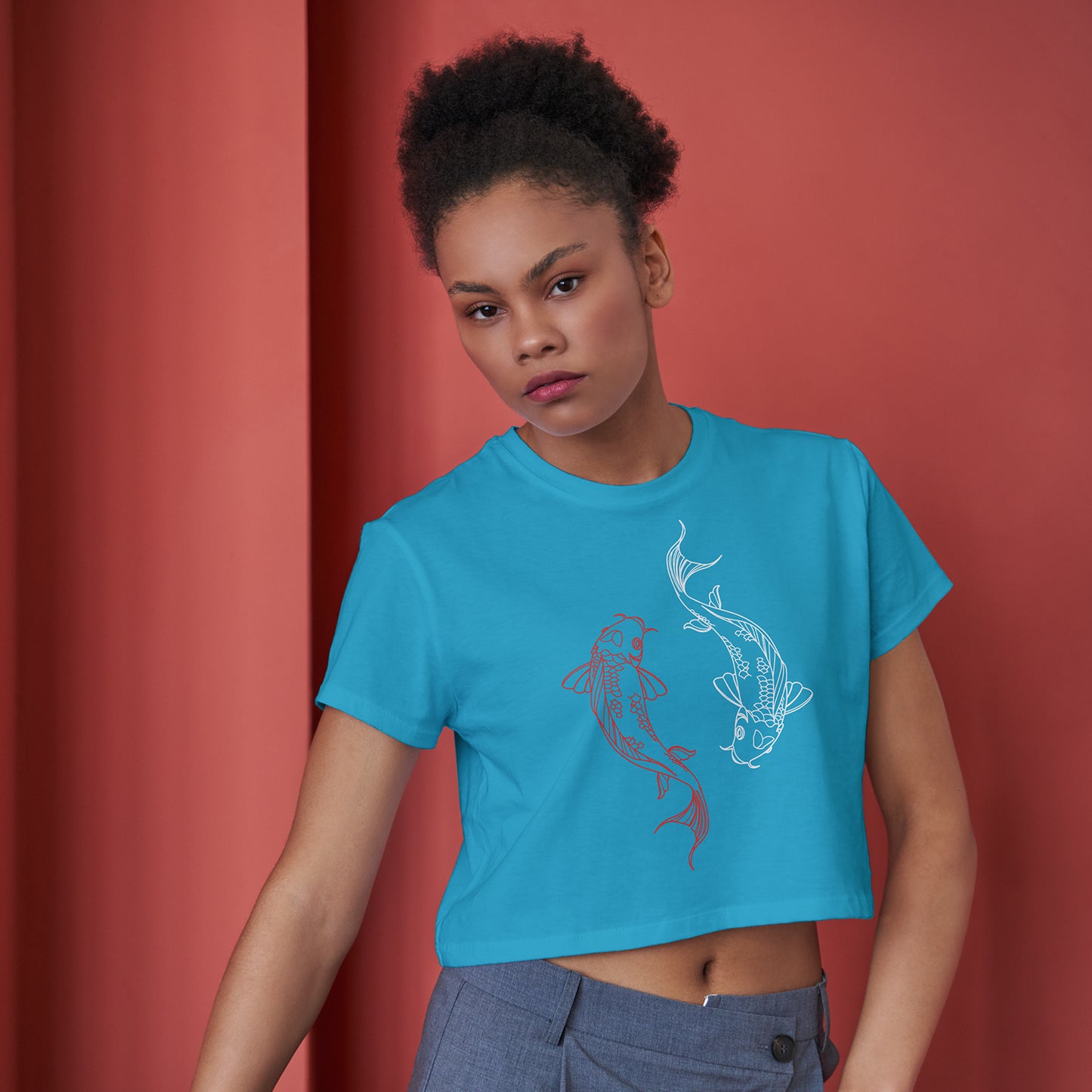 Koi Fish Cotton Round Neck Half Sleeve Crop Top | Women