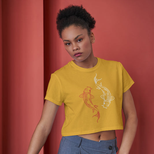 Koi Fish Cotton Round Neck Half Sleeve Crop Top | Women