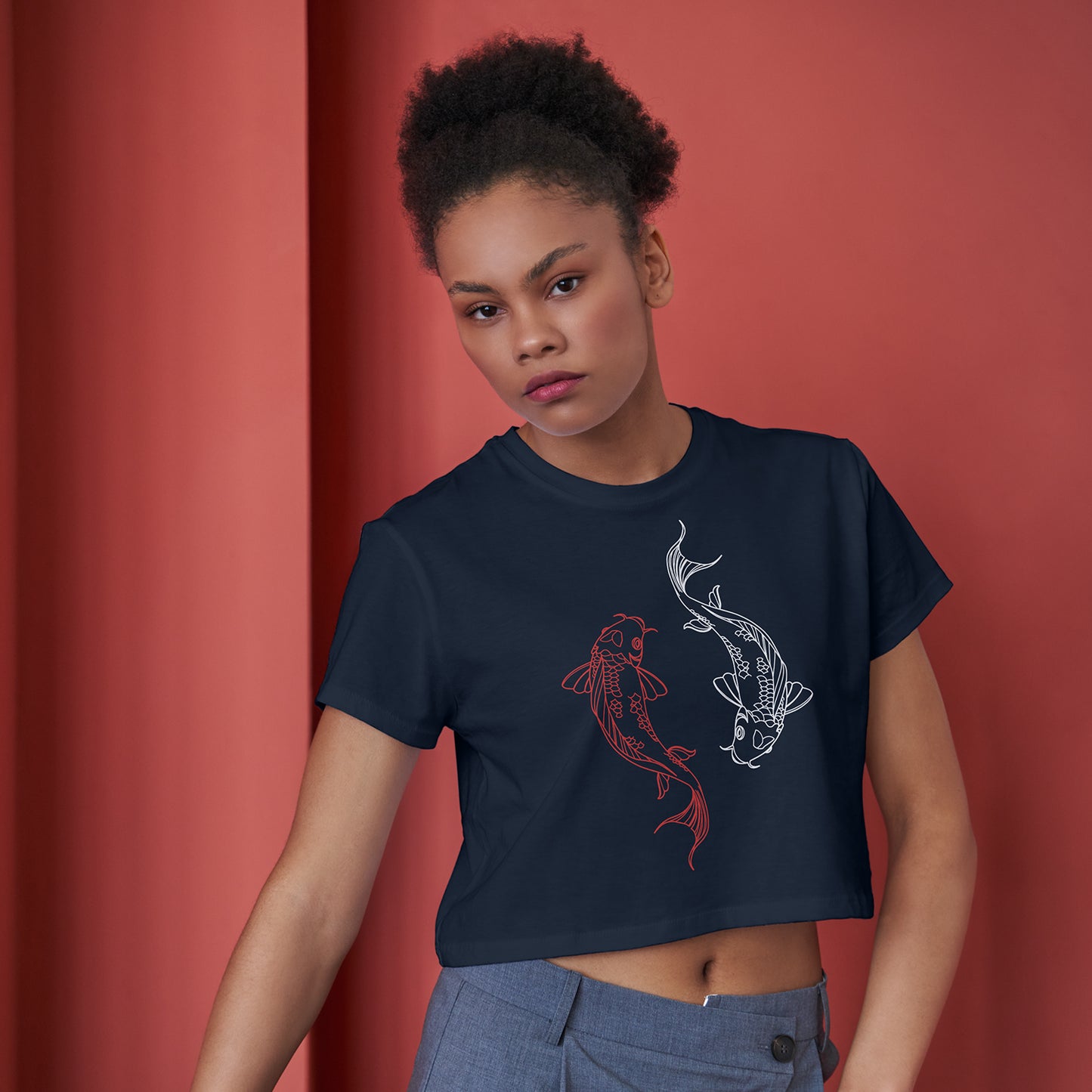 Koi Fish Cotton Round Neck Half Sleeve Crop Top | Women