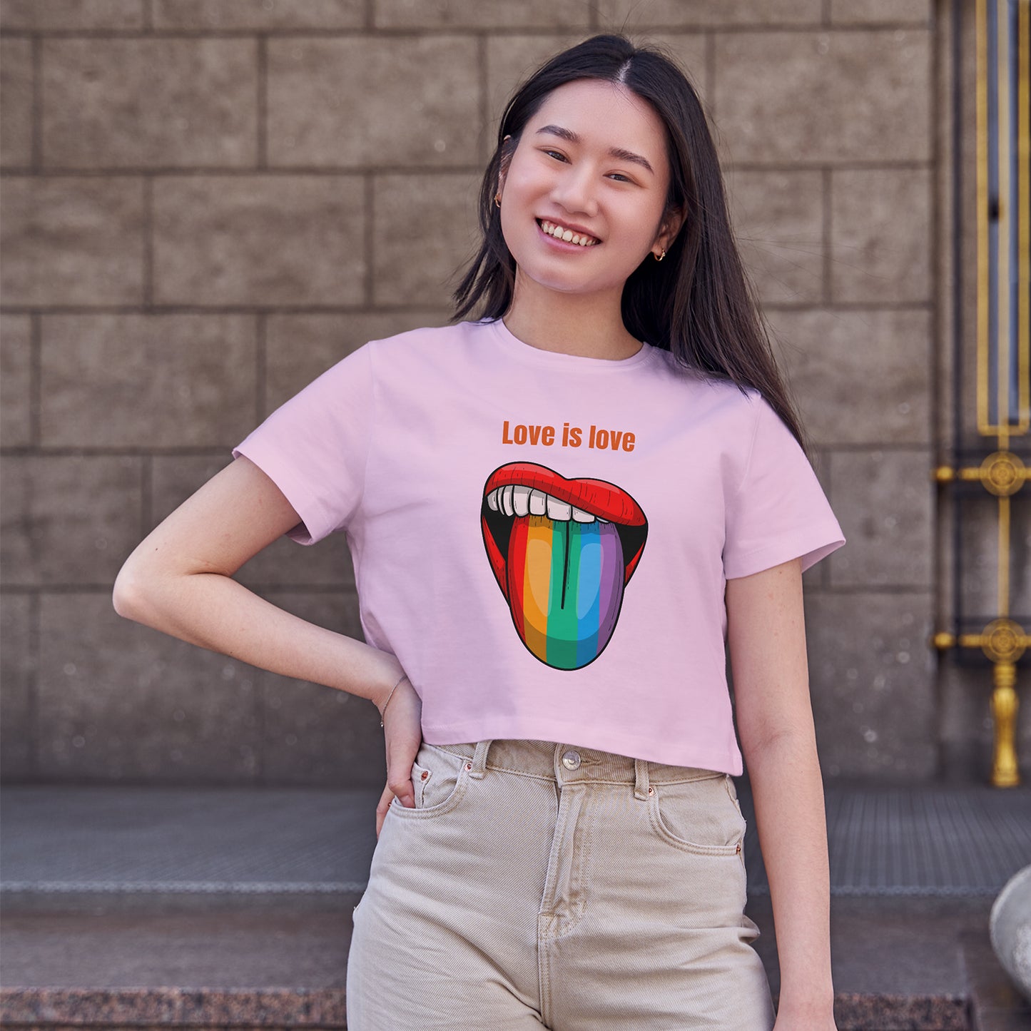 Love in Love Pride Tongue Cotton Round Neck Half Sleeve Crop Top | Women