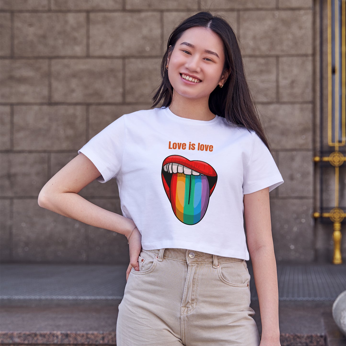 Love in Love Pride Tongue Cotton Round Neck Half Sleeve Crop Top | Women