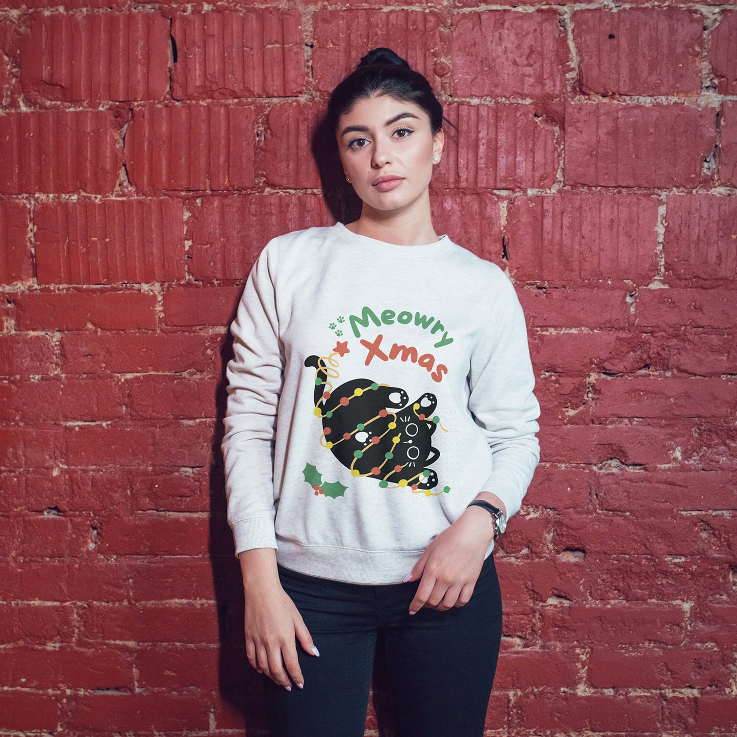 Cotton Printed Unisex Sweatshirt Meowry Xmas