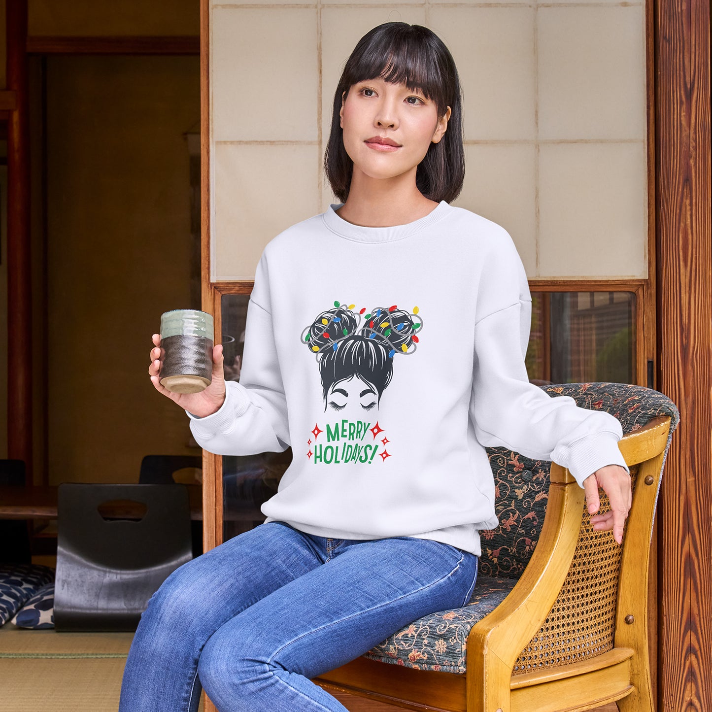 White Cotton Printed Unisex Sweatshirt Merry Holidays