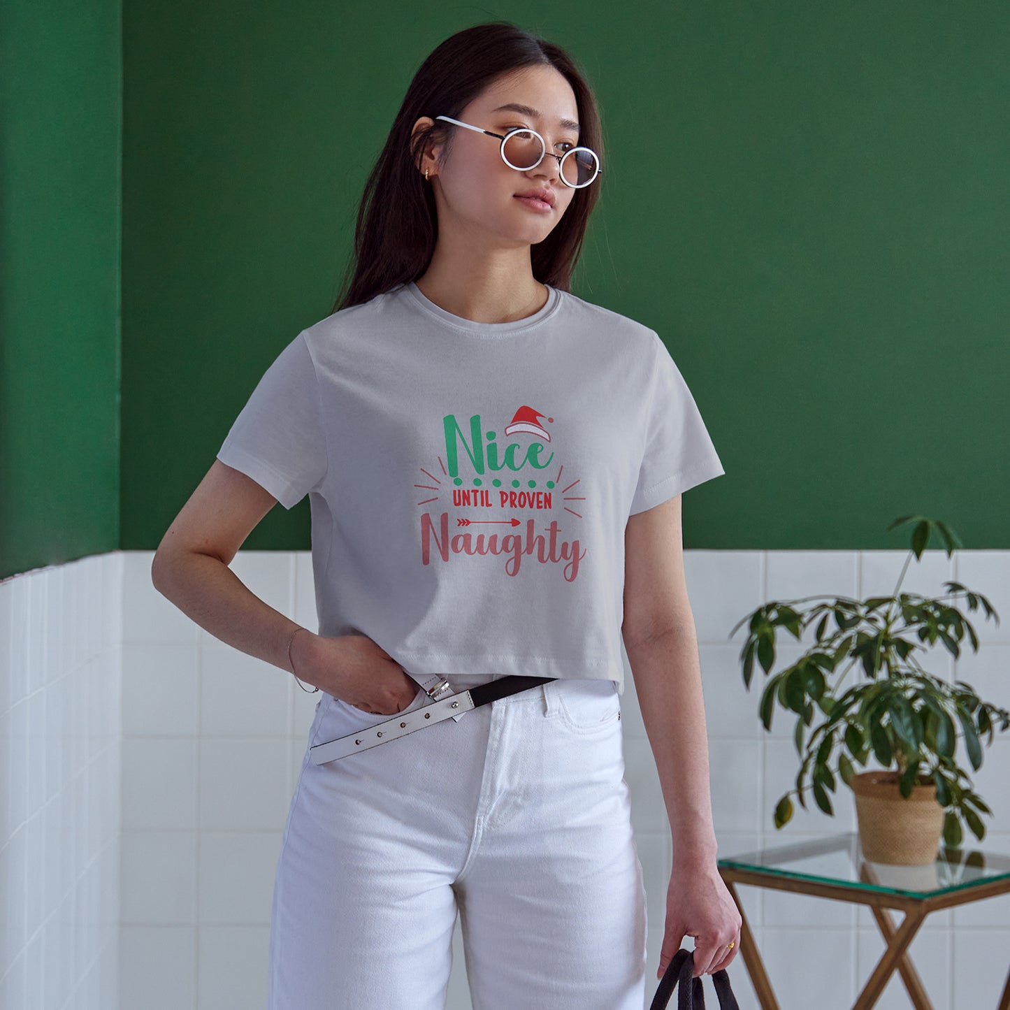 Nice Until Proven Naughty Cotton Round Neck Half Sleeve Crop Top | Women