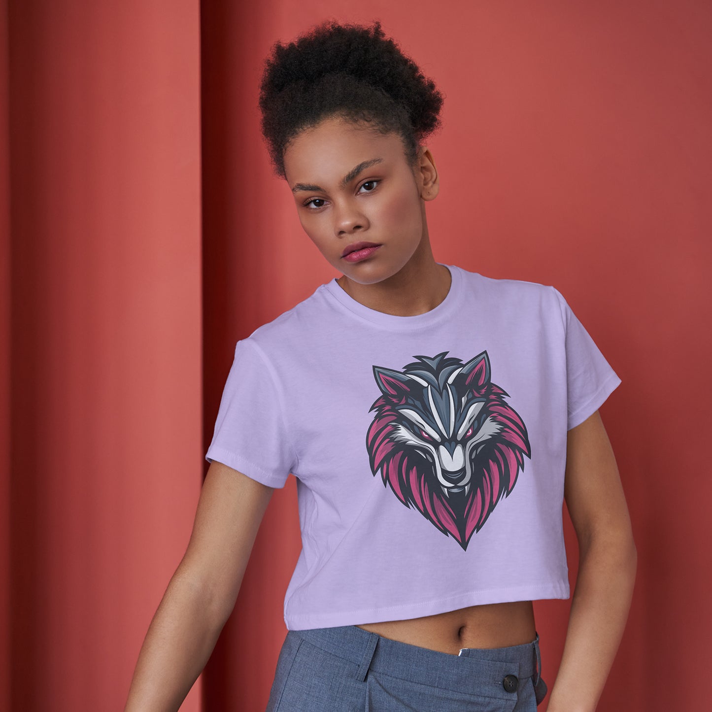 Pink Wolf Cotton Round Neck Half Sleeve Crop Top | Women