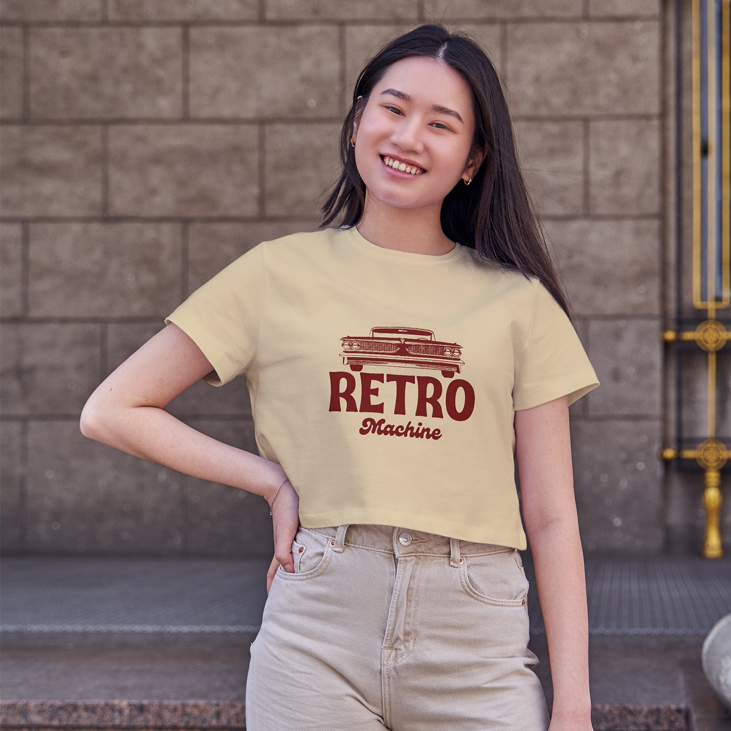 Retro Machine Car Cotton Round Neck Half Sleeve Crop Top | Women