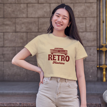 Retro Machine Car Cotton Round Neck Half Sleeve Crop Top | Women
