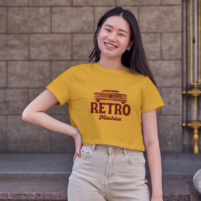 Retro Machine Car Cotton Round Neck Half Sleeve Crop Top | Women