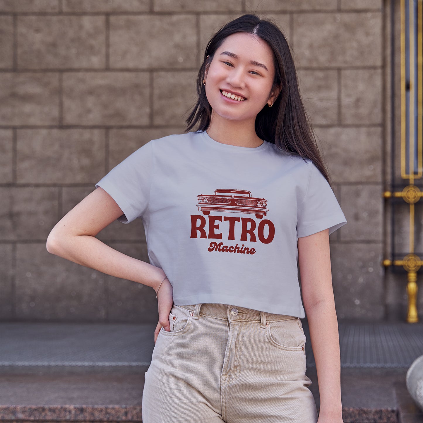 Retro Machine Car Cotton Round Neck Half Sleeve Crop Top | Women