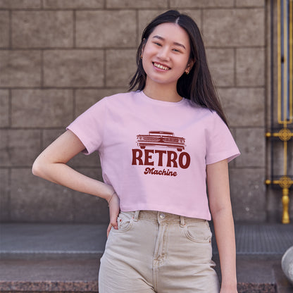 Retro Machine Car Cotton Round Neck Half Sleeve Crop Top | Women