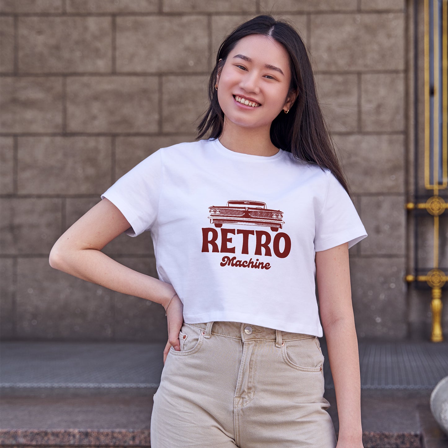 Retro Machine Car Cotton Round Neck Half Sleeve Crop Top | Women