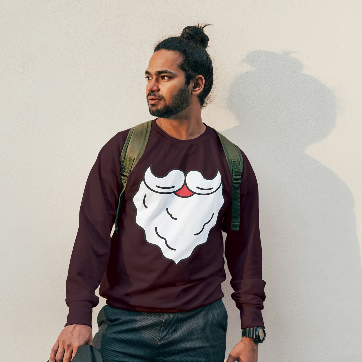 White Cotton Printed Unisex Sweatshirt Santa Beard