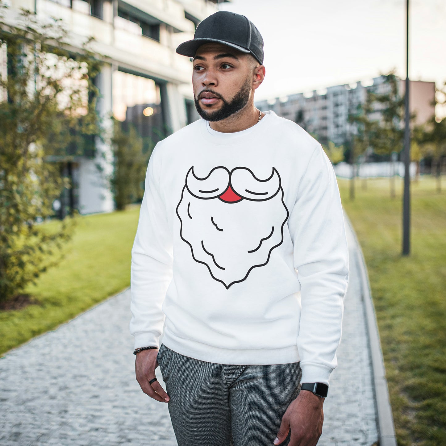 White Cotton Printed Unisex Sweatshirt Santa Beard