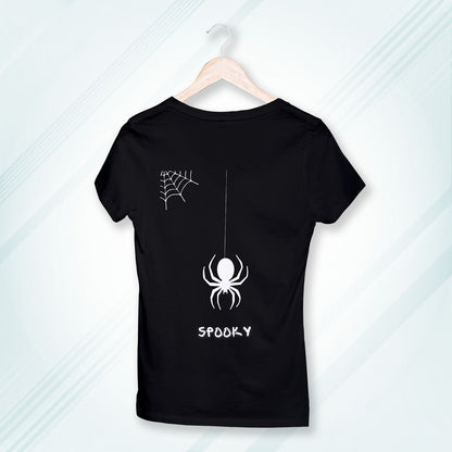 Black Round Neck Classic Printed Classic T-Shirt Spooky Spider | Women