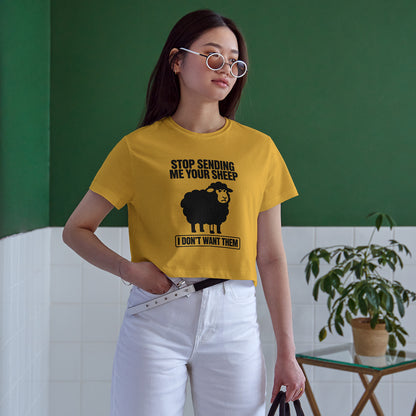 Stop Sending Me Your Sheep Cotton Round Neck Half Sleeve Crop Top | Women