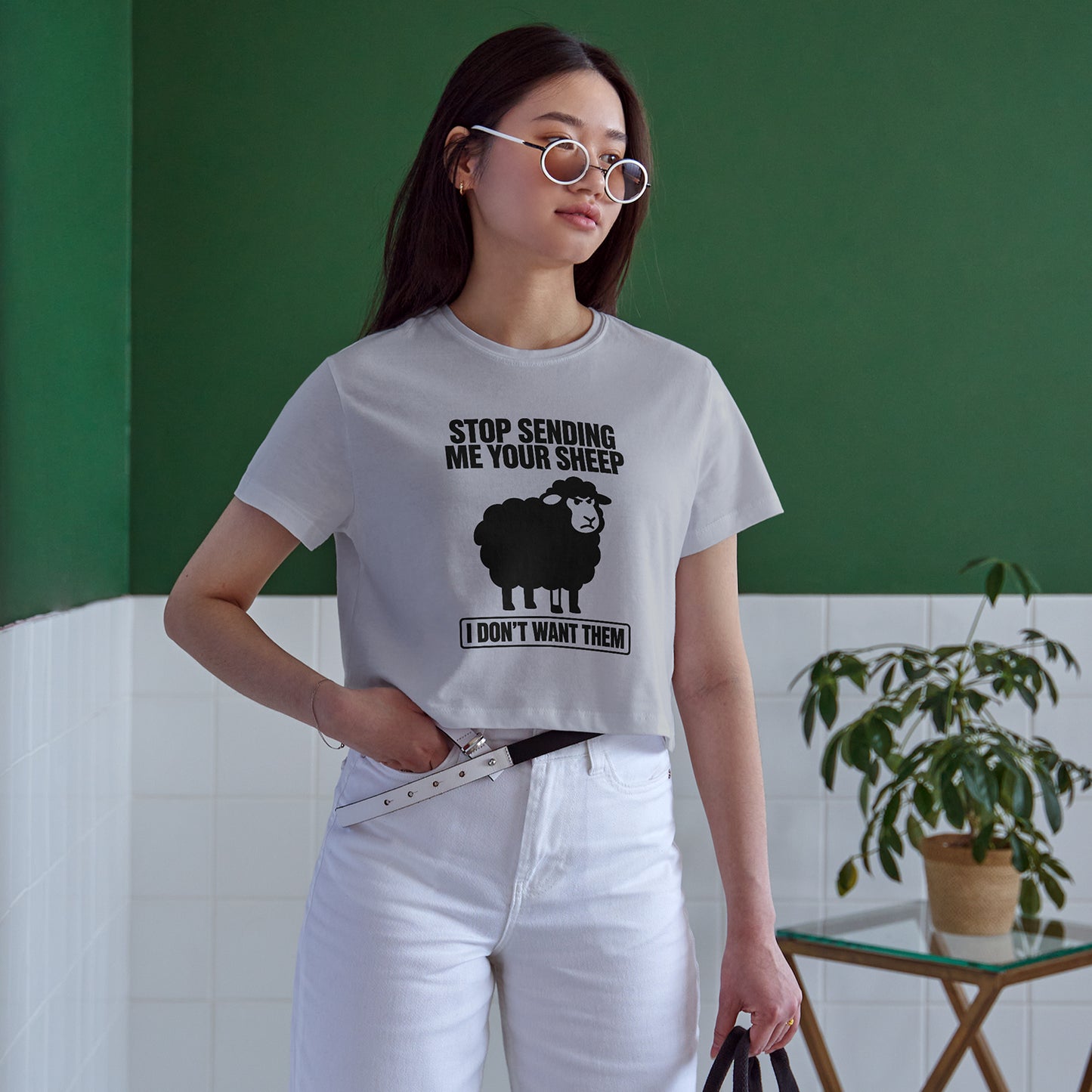 Stop Sending Me Your Sheep Cotton Round Neck Half Sleeve Crop Top | Women