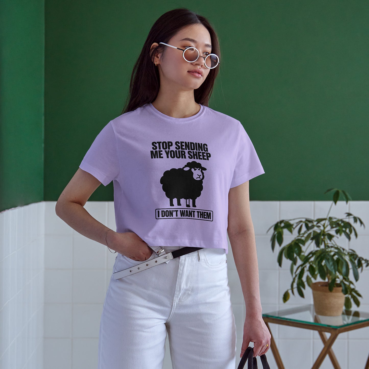Stop Sending Me Your Sheep Cotton Round Neck Half Sleeve Crop Top | Women