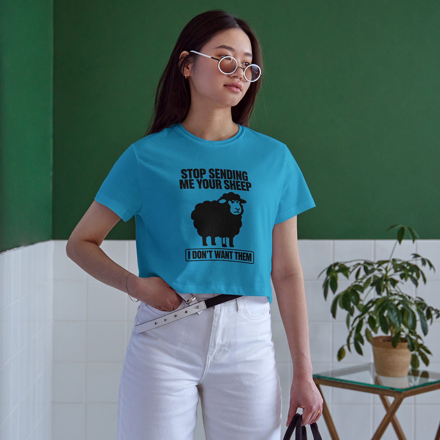Stop Sending Me Your Sheep Cotton Round Neck Half Sleeve Crop Top | Women