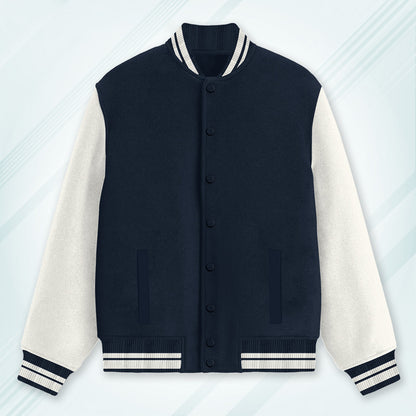 Navy Varsity Unisex Long Sleeves Band Neck Cotton Blend Varsity Jacket