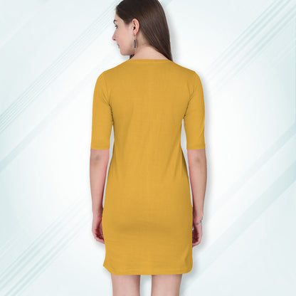 Golden Yellow Long T-Shirt Dress | Knee Length 3/4 Quarter Sleeves Cotton Tops with Side Pockets | Women